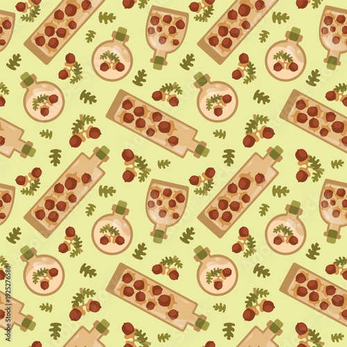 Cute acorn infusion bottles seamless vector pattern