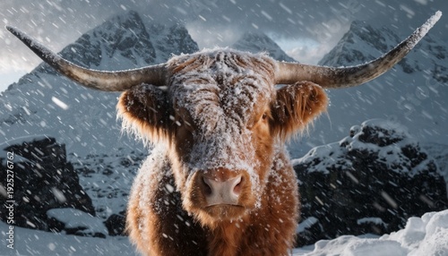 Brown highland cow with horns faces camera in snowy mountain landscape with falling snowflakes and rugged peaks