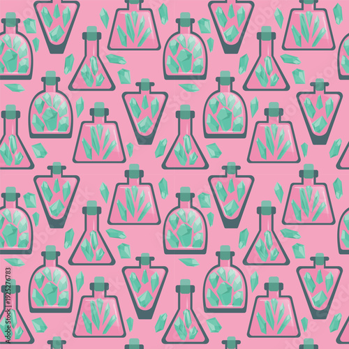 Magical crystal potion bottles seamless vector pattern