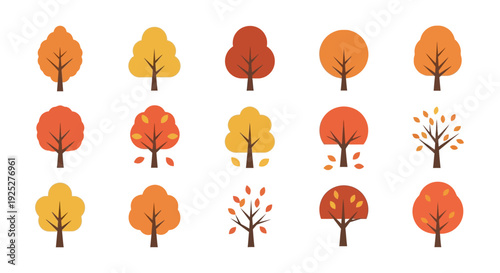 Autumn Tree Icons Set: Fall Season Foliage Collection, Vector Illustrations