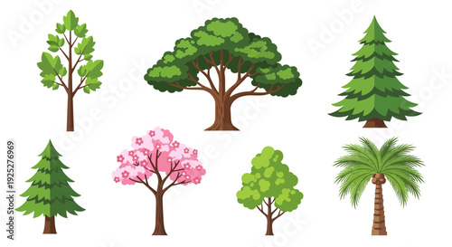Diverse collection of stylized trees: oak, pine, cherry blossom, palm, and deciduous varieties