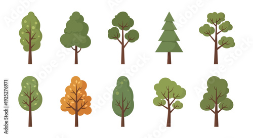 Diverse Collection of Stylized Trees in Various Shapes and Colors
