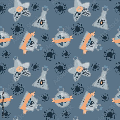 Scary insects potion bottles seamless vector pattern