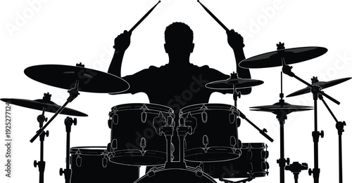 Black vector silhouette of a male drummer playing a full drum kit with drumsticks raised during a musical performance for concert and band posters