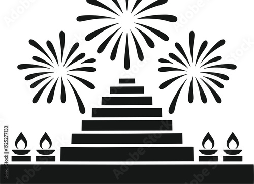 Black vector silhouette of a tiered staircase decorated with oil lamps and festive fireworks for Diwali celebration Indian festivals and religious holiday designs