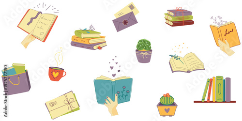 Cozy reading set with books letters coffee cup and potted plants