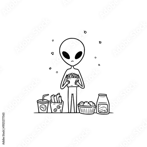 Alien enjoying unhealthy snacks like popcorn fries and soda in a comical illustration