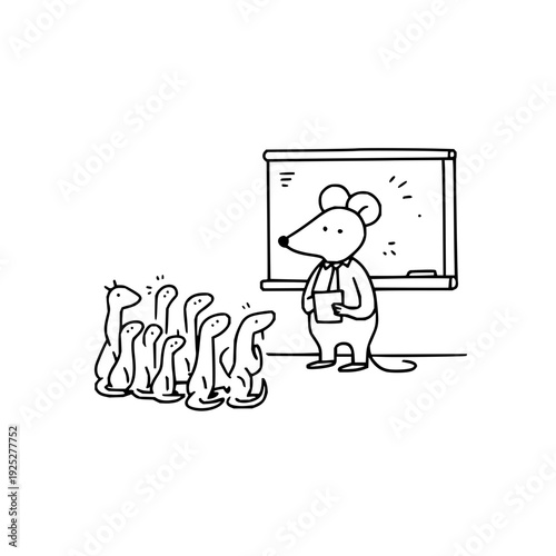 A cartoon mouse in a tie stands before a whiteboard addressing a group of attentive questioning worms in a classroom setting with a black and white illustration style