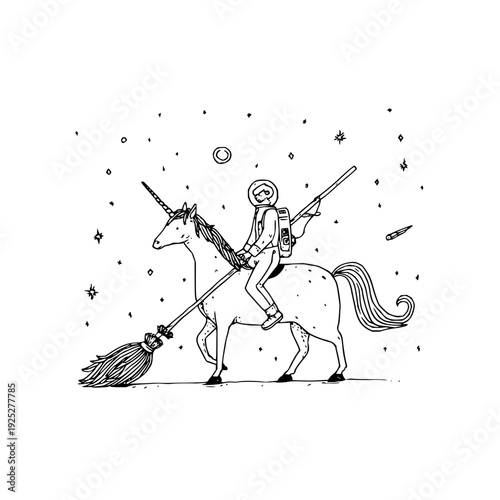 Astronaut riding unicorn with broom in space stars and planets background fantasy illustration
