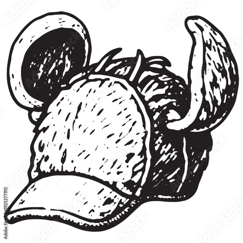 Vintage Animal Fur Hat Engraving Rustic Trapper Hunter Winter Headwear Illustration