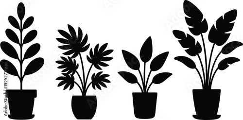 Black vector silhouette set of four diverse indoor house plants in decorative ceramic pots for minimalist home interior design and botanical nature branding
