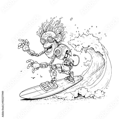 Robot surfing on a wave with a surfboard in a fun dynamic black and white illustration
