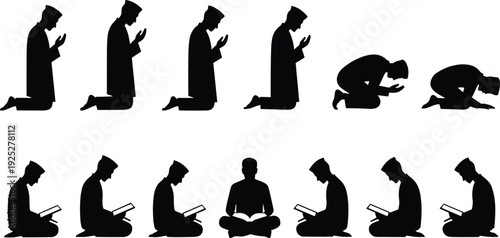 Black vector silhouette set of Muslim men in various positions of prayer and reading the Quran for Ramadan Kareem and Islamic religious designs