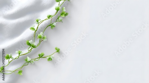An elegant green vine adorned with tiny white flowers cascades softly over luxurious white silk fabric creating a serene and minimalist backdrop