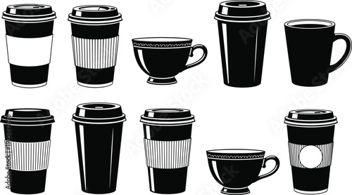 Black vector silhouette set of nine diverse disposable coffee cups and ceramic mugs with sleeves and lids for cafe branding morning drink and breakfast advertising