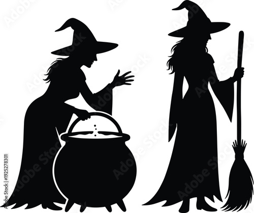 Witch silhouette illustration set, Halloween sorceress with cauldron and broom isolated on white background for spooky design concept