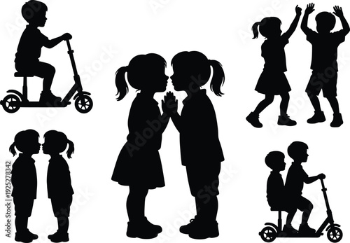 Children playing silhouette set illustration, kids activities and friendship scenes isolated on white background for childhood concept design