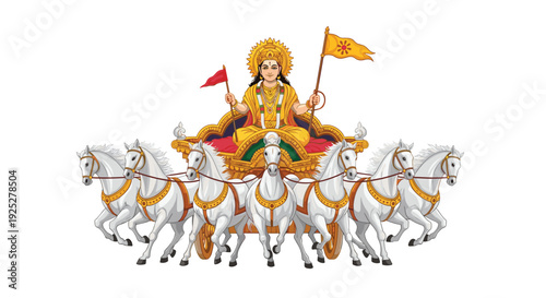 The Hindu deity Surya, adorned in gold, rides a magnificent golden chariot pulled by seven white horses across a white background.