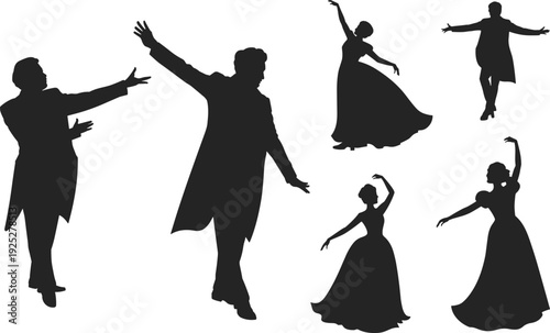 Black vector silhouette set of professional opera singers and classical dancers including men in tailcoats and women in elegant ball gowns for stage branding
