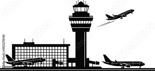Airport terminal control tower airplane takeoff landing aviation travel transport silhouette skyline aircraft runway vector illustration isolated design concept