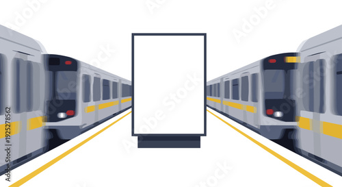A minimalist illustration shows an empty metro station platform with two grey trains and a prominent blank white billboard.