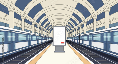 A detailed perspective illustration of a subway station displays two trains, a blank billboard, and an arched ceiling with columns.