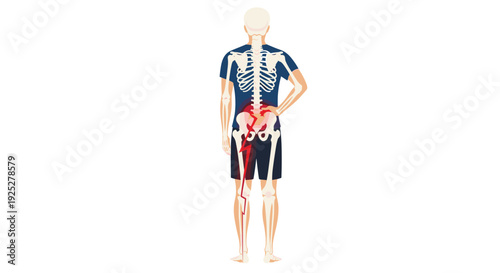 A medical illustration presents the posterior view of a male torso and legs, highlighting skeletal structure and sciatica pain pathway.