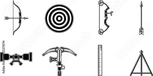 Archery equipment icon set bow arrow target crossbow scope ruler tripod shooting sport hunting outline vector illustration collection bundle