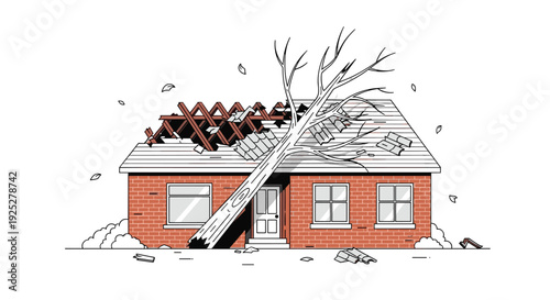 A red brick house sustains roof damage with exposed rafters and scattered tiles from a large fallen bare tree, against a white background.
