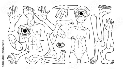 Abstract Human Figures with Exaggerated Body Parts.
