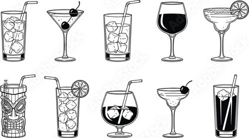 Cocktail drinks glassware collection, martini margarita wine tiki beverage outline vector illustration set, bar menu alcohol drink icons pack bundle