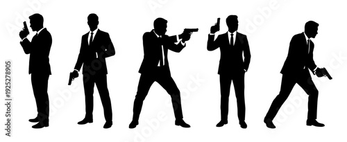 Secret agent silhouette set with handgun and suit
