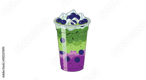 A vibrant layered beverage with purple and green strata, blueberries, and ice cubes is presented in a clear plastic cup with a dome lid.