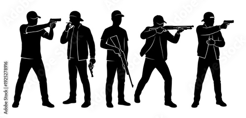 Criminal silhouette set with gun and cigarette