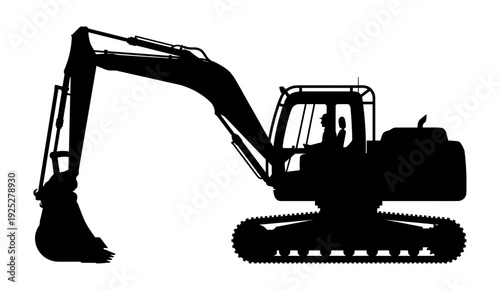 Excavator silhouette with bucket and operator in cab