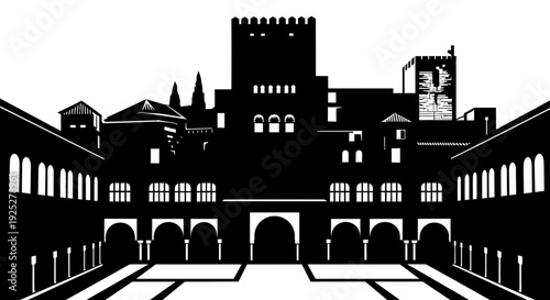 Black and White Castle Architecture Illustration.