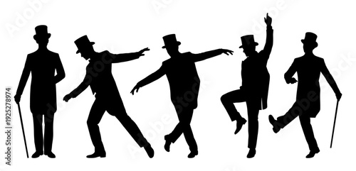 Gentleman silhouette set dancing with top hat and cane