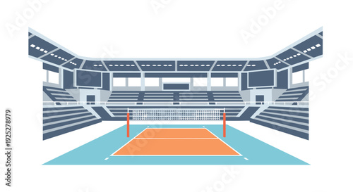 An orange volleyball court with a white net and red posts is situated within a large, multi-tiered stadium with grey and blue seating.