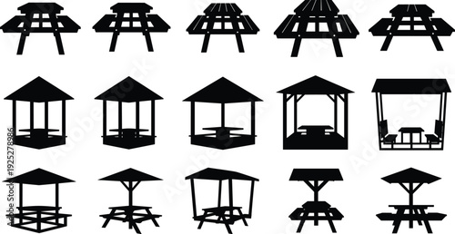Gazebo pavilion silhouette set outdoor shelter picnic pergola icon collection park structure black shape architecture vector design bundle
