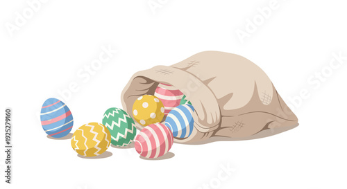 A beige fabric sack lies horizontally on a pristine white background, spilling a cluster of vibrantly colored and patterned Easter eggs.