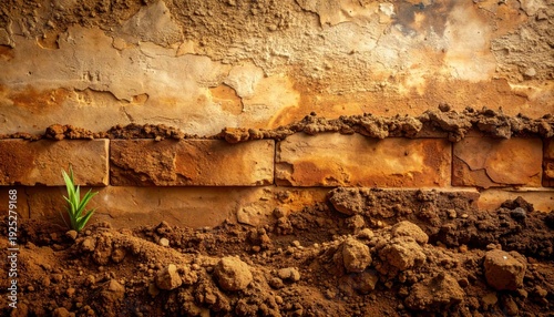 Small Green Plant Growing from Soil Near Old Cracked Brick Wall
