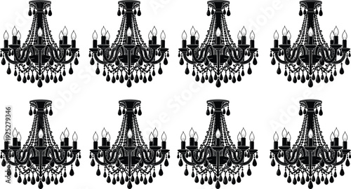 Luxury crystal chandelier silhouette vintage lighting decor elegant hanging lamp classic interior decoration ornate black chandelier vector illustration set