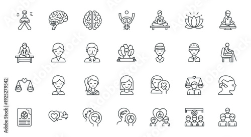 Mental Health Line Icon Set – Psychology, Therapy and Wellness Editable Vector Icons Collection