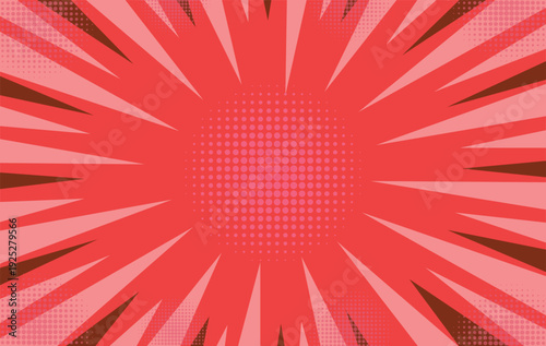 A vibrant red and pink abstract background with a pop art style sunburst design