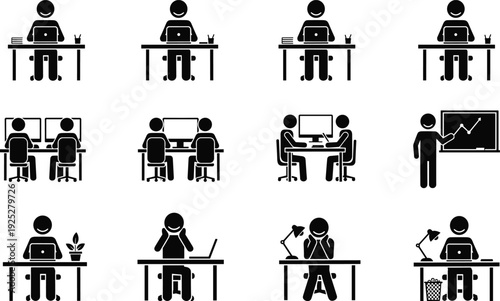 Office worker icons set people working at desks business teamwork presentation workplace activity pictogram vector illustration collection