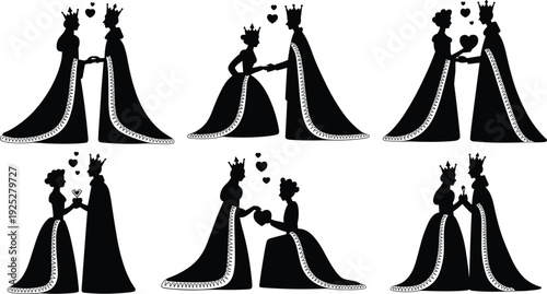 Black vector silhouette set of royal kings and queens in elegant capes and crowns holding hands and hearts for fairy tale wedding branding