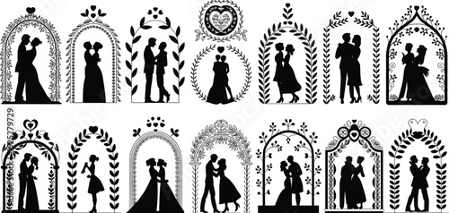 Black vector silhouette set of romantic couples under decorative floral arches for wedding invitations engagement celebrations anniversary cards and elegant bridal shower event branding