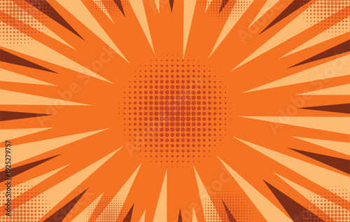 A vibrant orange background with a comic book style sunburst design and halftone dots