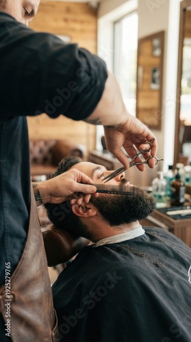 Barber in black shirt uses scissors and comb to style hair of male client in a modern barbershop with wooden accents and grooming products displayed on shelves in the background