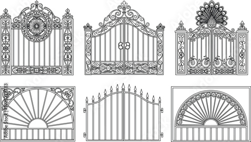 Ornate wrought iron gate collection, decorative vintage metal fence designs, luxury entrance vector line art illustration isolated set bundle pack